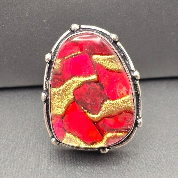 925 Sterling Silver Plt Mosaic Resin Ring Size 7 Bezel Set Abstract Statement - Picture 1 of 12